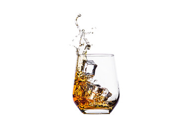 A glass of whiskey with splashes from the ice cube isolated on white. alcohol splashes. whisky or cognac or another type of alcohol.