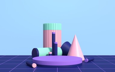 Abstract 3d scene with geometric shapes of different colors, with a podium for product demonstration