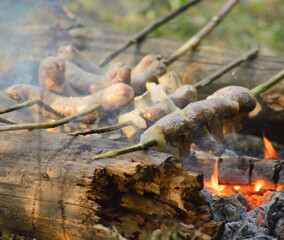 Cooking food outdoors on camp fire