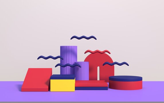 Abstract 3d scene with geometric shapes of different colors, with a podium for product demonstration