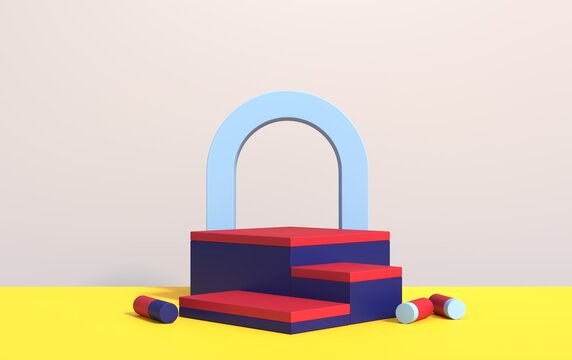 Abstract 3d scene with geometric shapes of different colors, with a podium for product demonstration