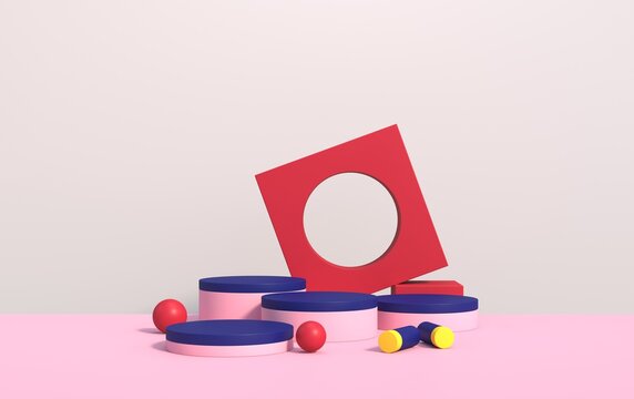 Abstract 3d scene with geometric shapes of different colors, with a podium for product demonstration