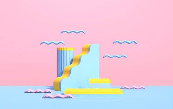 Abstract 3d scene with geometric shapes of different colors, with a podium for product demonstration