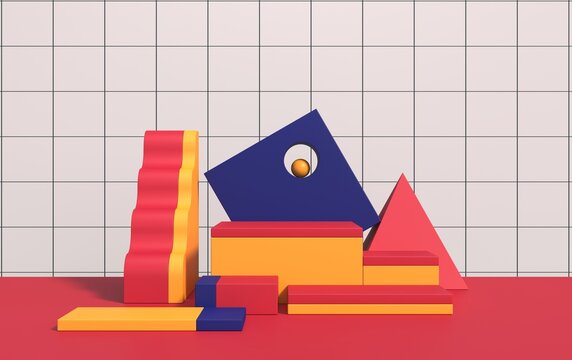 Abstract 3d scene with geometric shapes of different colors, with a podium for product demonstration