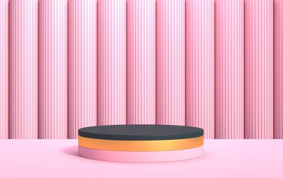 Abstract 3d scene with geometric shapes of different colors, with a podium for product demonstration