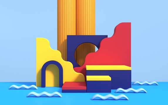 Abstract 3d scene with geometric shapes of different colors, with a podium for product demonstration