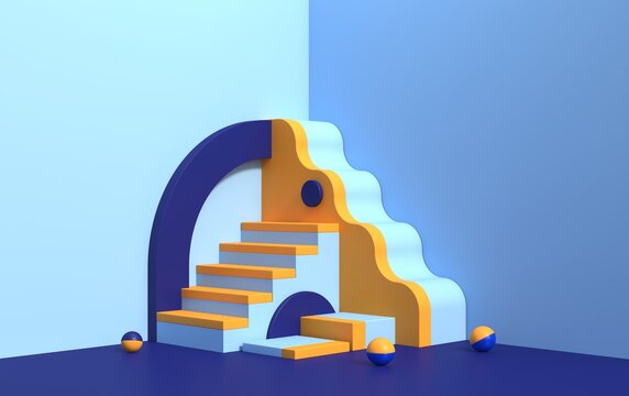 Abstract 3d scene with geometric shapes of different colors, with a podium for product demonstration