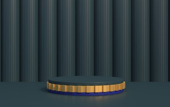 Abstract 3d scene with geometric shapes of different colors, with a podium for product demonstration