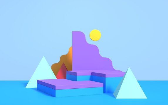 Abstract 3d scene with geometric shapes of different colors, with a podium for product demonstration