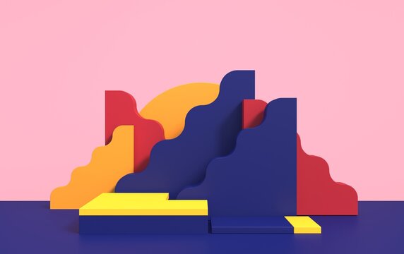 Abstract 3d scene with geometric shapes of different colors, with a podium for product demonstration