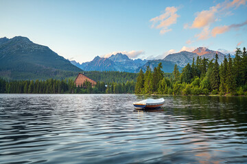 Panorama of High Tatras mountains - National park and Strbske pleso  (Strbske lake) mountain lake in Slovakia