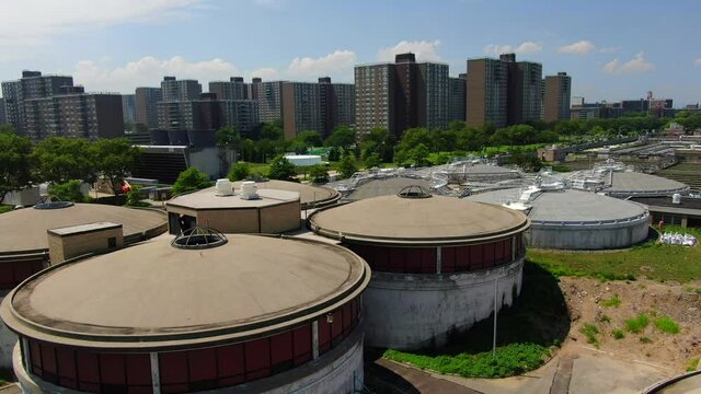 Aerial Flyover Shot of an Industrial Waste Water Plant in Brooklyn