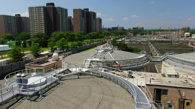 Aerial Flyover Shot of an Industrial Waste Water Plant in Brooklyn