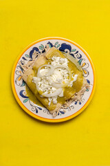 Mexican green enchiladas with chicken and cheese on yellow background