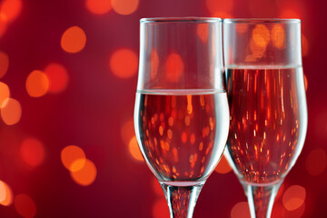 Close up photo of Champagne glasses against bokeh background