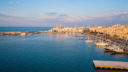 Beautiful panoramic aerial view photo from flying drone on Molfetta waterfront with the Old...