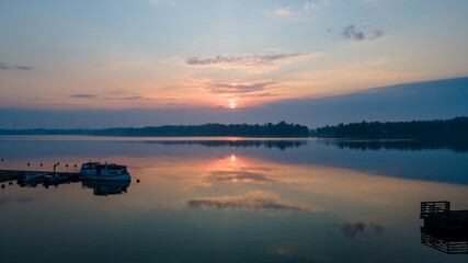 Calm sunrise captured using a drone flying low over the baltic in Helsinki, Finland 