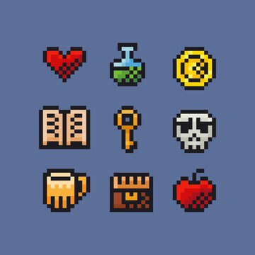 Vector pixel art illustration icon set - treasure chest, skull, magic potion, red heart, red apple, key, gold coin, old book, pint of beer for retro arcade fantasy adventure game development
