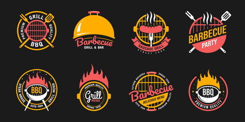 Barbecue and grill labels, badges, logos and emblems. Set vector illustrations. Steak house.