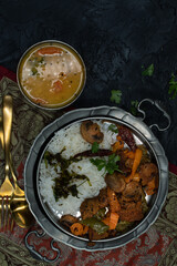 Seitan curry with mushroom, peppers, rice, lentil stew, copy space