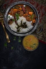Seitan curry with mushroom, peppers, rice, lentil stew, copy space