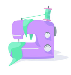 cute sewing machine in pastel colors with flaps of tissues and spool of threads