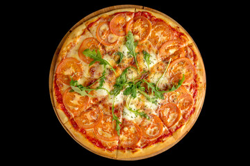 Pizza margarita. Classic Italian thin crust pizza with sauce, parmesan cheese, tomatoes. Decorated with fresh herbs.