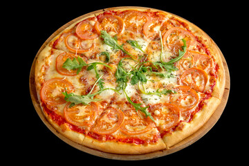 Pizza margarita. Classic Italian thin crust pizza with sauce, parmesan cheese, tomatoes. Decorated with fresh herbs.
