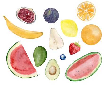 Watercolor set of hand painted fruits and berries, banana, lemon, avocado. Isolated illustration
