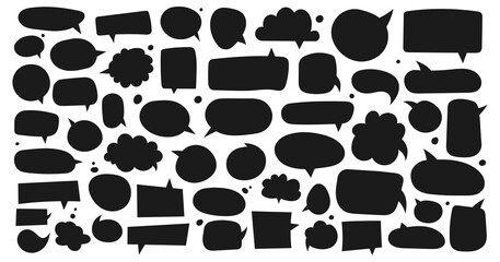 Big set of dialog boxes different variants drawn by hand. Vector flat illustrations. Collection black doodle for talk, dialogue, decoration on white background