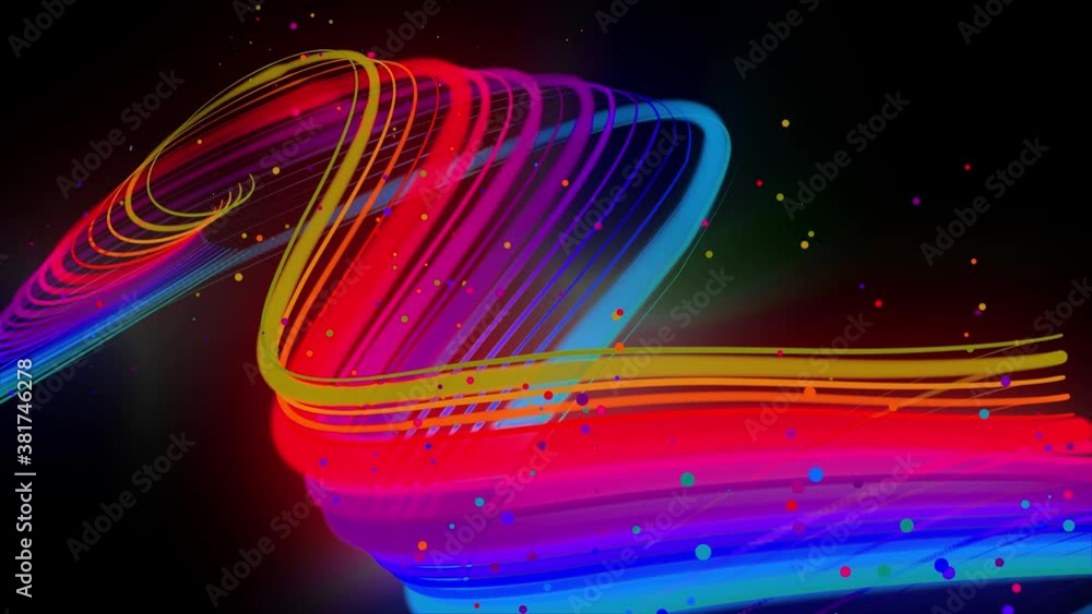 Poster 3d abstract looped 4k background with glow lines. multi-colored neon lines fly in air, smoothly osci