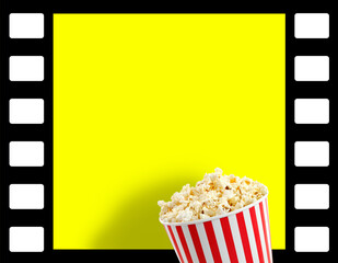 Trendy popcorns and movie tape blank text frame background