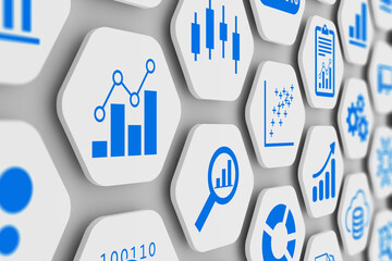 Business analytics and data science concept with graph and chart icons on 3D hexagonal grid, abstract illustration of KPI, metrics, information dashboard and analysis with clean modern design