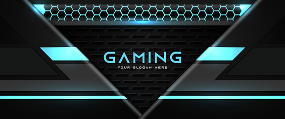 Futuristic Blue And Black Abstract Gaming Banner Design Template With