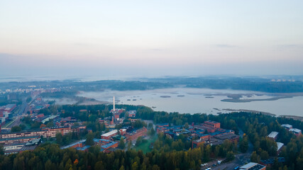 Aerial capture of an early foggy in the morning in Helsinki, Finland