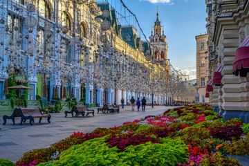 Nikolskaya Street in Moscow, Russia. Architecture and landmarks of Moscow. Cityscape of Moscow