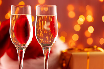 Close up photo of Champagne glasses against bokeh background