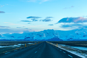 breathtaking winter landscape of Iceland. View from the road. Unusual beauty of nature