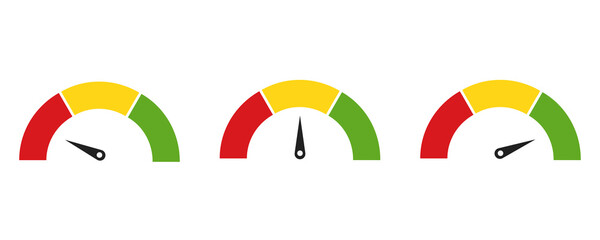 Color speedometer icon. Set of colorful speedo. Vector illustration on white background . Flat colection of  tachometers. - obrazy, fototapety, plakaty