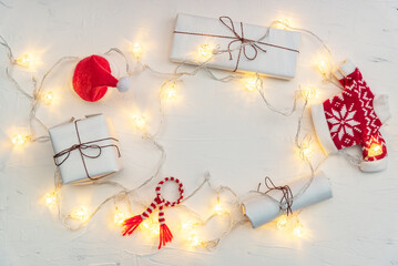 Presents and glowing garlands for New Year holiday