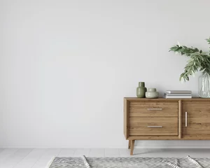 Fotobehang Interior with a wooden chest of drawers and green decor © J.Zhuk