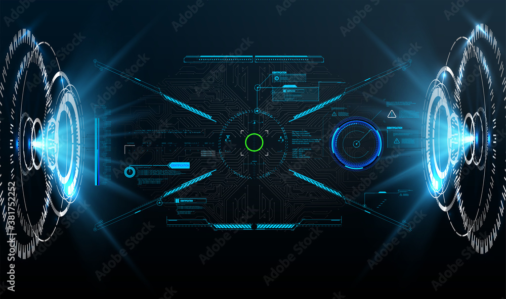 Poster Virtual reality. Futuristic VR head-up display design. Futuristic Vector HUD Interface Screen Design.  HUD UI GUI futuristic user interface screen elements set. High tech screen for video game. 