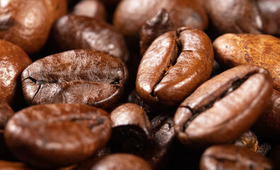 Macro view of freshly roasted coffee beans.