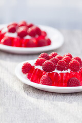 Fruit jelly with fresh raspberries. Healthy food. Summer dessert on grey table with sun light.