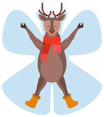 Deer making snow angel. Cute Christmas character.
