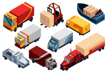 Isometric logistics. Transportation isometric elements set with loaded and empty trucks trailers boxes forklifts. Vehicles designed to carry large numbers cargo