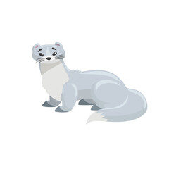 Arctic white ermine. Cartoon flat style illustration of polar and arctic animal. Vector illustration for kids, education. Isolated on white background.