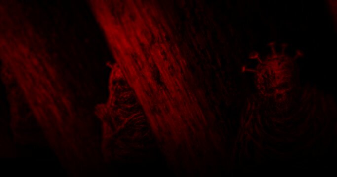 Dried friars with nails in their heads. Church of dark cult forgotten gods. Mummies of monks are sitting between pillars in ancient lost temple. Animation in horror genre. Black and red background.