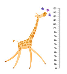 Funny giraffe. Cheerful funny giraffe with long neck. Giraffe meter wall or height chart or wall sticker. Illustration with scale from 2 to 150 centimeter to measure growth