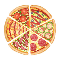 Color pizza top view. Savoury pizza ads with 3d illustration rich toppings dough. Colorful and tasty vector banner for cafe, restaurant or food delivery service
